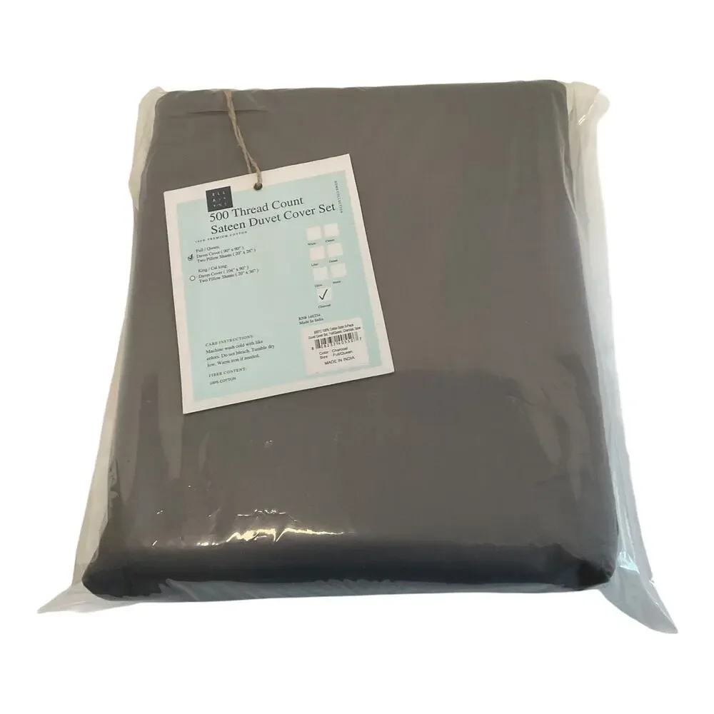 Ella Jayne Luxe Cotton Sateen 500 Thread Ct 3 Pc Duvet Cover Set Gray Full/Queen